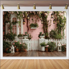 Lofaris Toile de fond de photographie jardin romantique avec roses et mur en brique rose, décor floral élégant pour studio photo
