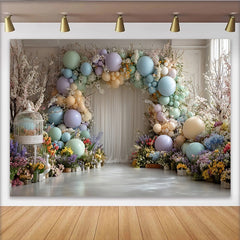 Lofaris Toile de fond florale pastel avec ballons et cage à oiseaux, magnifique arrière-plan de studio photo pour bébés et enfants