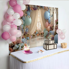 Lofaris Toile de fond de photographie avec fleurs pastel et ballons, élégant décor romantique pour studio photo