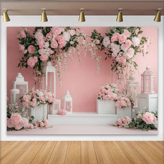 Lofaris Toile de fond de photographie florale roses roses et lanternes blanches, élégant arrière-plan pour studio photo