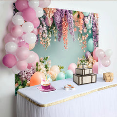 Lofaris Toile de fond de photographie élégante avec fleurs et ballons pastel, arrière-plan printanier pour studio photo et fête