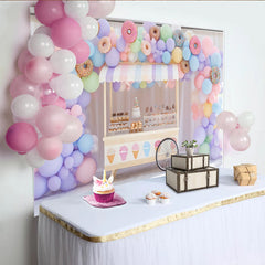 Lofaris Toile de fond anniversaire ballons et donuts pastel colorés, magnifique décor de fête doux pour studio photo et célébrations