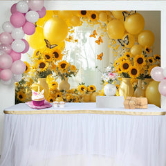 Lofaris Toile de fond de photographie tournesols jaunes et papillons, arrière-plan lumineux avec ballons pour studio photo et fête printanière