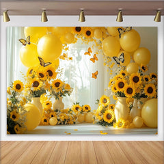 Lofaris Toile de fond de photographie tournesols jaunes et papillons, arrière-plan lumineux avec ballons pour studio photo et fête printanière