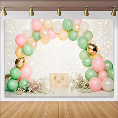 Lofaris Toile de fond pour baby shower fleurs et ballons pastel en arche, magnifique décor doux avec lumières bokeh pour séance photo