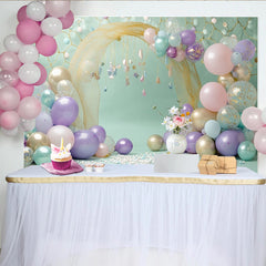 Lofaris Toile de fond pour anniversaire sirène avec ballons pastel et filet doré, magnifique décor de fête thème océan pour studio photo
