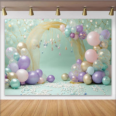 Lofaris Toile de fond pour anniversaire sirène avec ballons pastel et filet doré, magnifique décor de fête thème océan pour studio photo