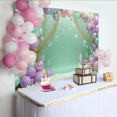 Lofaris Toile de fond anniversaire sirène avec ballons pastel et filet doré, magnifique décor de fête pour enfants avec gâteau et bulles