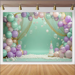 Lofaris Toile de fond anniversaire sirène avec ballons pastel et filet doré, magnifique décor de fête pour enfants avec gâteau et bulles