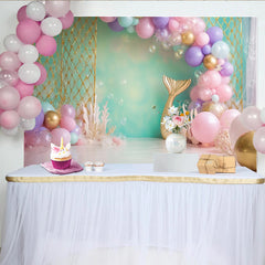 Lofaris Toile de fond anniversaire sirène avec queue dorée et ballons pastel, magnifique décor sous-marin pour séance photo de fille
