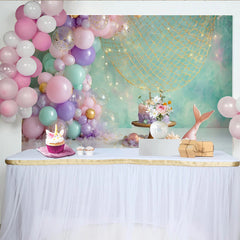 Lofaris Toile de fond sirène pastel pour anniversaire avec ballons et filet de pêche, décor de fête sous-marin pour séance photo smash cake