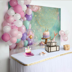 Lofaris Toile de fond sirène pastel pour anniversaire avec ballons et filet de pêche, décor de fête sous-marin pour séance photo smash cake