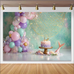 Lofaris Toile de fond sirène pastel pour anniversaire avec ballons et filet de pêche, décor de fête sous-marin pour séance photo smash cake