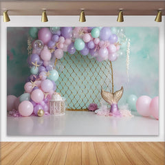 Lofaris Toile de fond pour anniversaire sirène avec ballons pastel et filet, décor féerique pour séance photo
