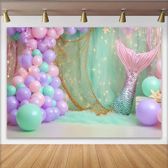 Lofaris Toile de fond pour anniversaire sirène avec ballons pastel et filet de pêche, décor féerique pour fête d enfant