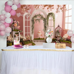 Lofaris Toile de fond rose florale pour anniversaire avec fenêtres arquées, décor romantique et élégant pour studio photo