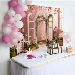 Lofaris Toile de fond rose florale pour anniversaire avec fenêtres arquées, décor romantique et élégant pour studio photo