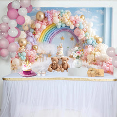 Lofaris, Toile de fond pour anniversaire arc-en-ciel nuages et ballons pastel, doux décor de fête pour séance photo bébé et enfant