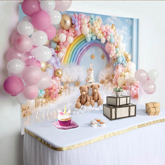 Lofaris, Toile de fond pour anniversaire arc-en-ciel nuages et ballons pastel, doux décor de fête pour séance photo bébé et enfant