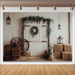 Lofaris Toile de fond de photographie rustique avec porte de grange, arrière-plan de studio photo avec mur de briques et foin