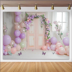 Lofaris Toile de fond de photographie printanière avec arche florale et ballons pastel, élégant décor pour studio photo et portrait de bébé
