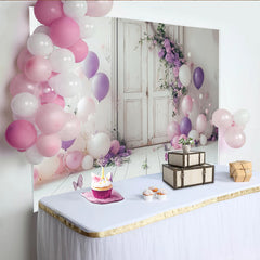 Lofaris Toile de fond pour anniversaire avec fleurs violettes et ballons, décor romantique pour séance photo
