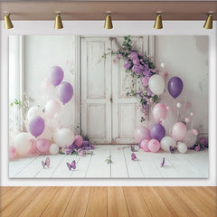Lofaris Toile de fond pour anniversaire avec fleurs violettes et ballons, décor romantique pour séance photo