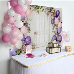 Lofaris Toile de fond pour baby shower porte en bois avec ballons lilas et roses, élégant décor floral pour photographie de fête