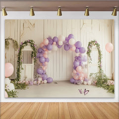 Lofaris Toile de fond anniversaire rose et violette avec ballons et fleurs, magnifique décor de fête en bois blanc pour studio photo