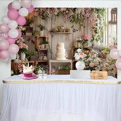 Lofaris Toile de fond anniversaire floral rose et blanc pour fille, décoration de fête rustique avec gâteau pour studio photo
