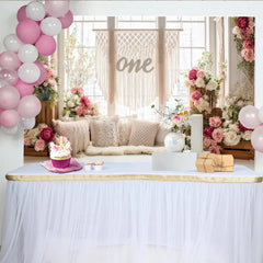 Lofaris Toile de fond pour premier anniversaire fleurs roses et blanches, décor rustique pour studio photo ou fête d'enfant