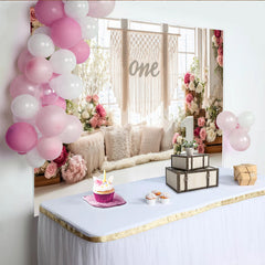 Lofaris Toile de fond pour premier anniversaire fleurs roses et blanches, décor rustique pour studio photo ou fête d'enfant