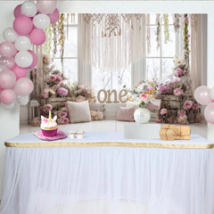Lofaris Toile de fond florale rose et violette pour 1er anniversaire avec macramé, élégant décor de fête pour séance photo de bébé