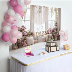 Lofaris Toile de fond florale rose et violette pour 1er anniversaire avec macramé, élégant décor de fête pour séance photo de bébé