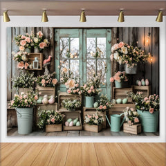 Lofaris Toile de fond de Pâques fleurs roses et œufs pastel pour photographie, arrière-plan rustique de porte en bois pour studio photo
