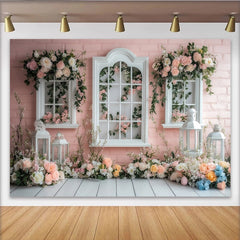 Lofaris Toile de fond de photographie florale printanière avec fenêtres et roses, élégant arrière-plan de jardin pour studio photo et portrait