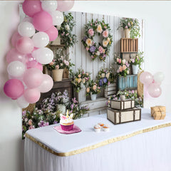 Lofaris Toile de fond de photographie florale rustique avec fleurs pastel et couronne, élégant arrière-plan en bois pour studio et séance photo