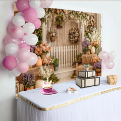 Lofaris Toile de fond de Pâques printanière avec clôture blanche et fleurs pastel, élégant décor de ferme pour séance photo et célébration