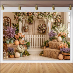 Lofaris Toile de fond de Pâques printanière avec clôture blanche et fleurs pastel, élégant décor de ferme pour séance photo et célébration