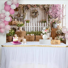 Lofaris Toile de fond de Pâques rustique avec clôture blanche et œufs pastel, charmant décor de printemps pour studio photo