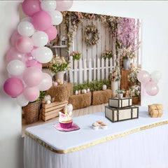 Lofaris Toile de fond de Pâques rustique avec clôture blanche et œufs pastel, charmant décor de printemps pour studio photo