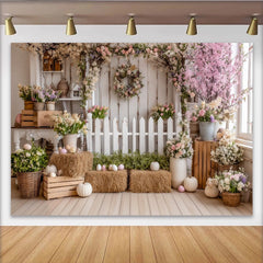 Lofaris Toile de fond de Pâques rustique avec clôture blanche et œufs pastel, charmant décor de printemps pour studio photo