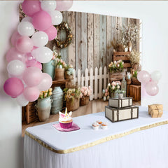 Lofaris Toile de fond de Pâques rustique avec clôture et fleurs, élégant arrière-plan en bois pour studio photo et célébration
