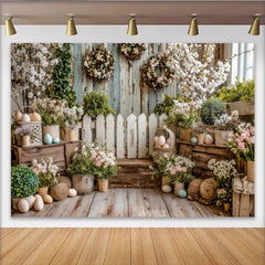 Lofaris Toile de fond de photographie de Pâques, décor rustique avec œufs et fleurs, magnifique arrière-plan en bois pour studio photo