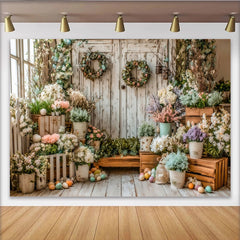 Lofaris Toile de fond de photographie de Pâques rustique avec fleurs pastel et œufs, charmant arrière-plan floral pour studio photo