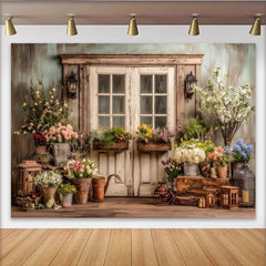 Lofaris Toile de fond de photographie de jardin fleuri avec porte rustique et lanternes, magnifique arrière-plan printanier pour studio photo