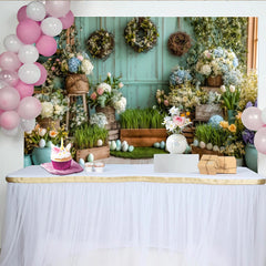 Lofaris Toile de fond de Pâques printanière avec œufs pastel et fleurs, magnifique décor rustique en bois pour séance photo de printemps