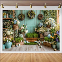 Lofaris Toile de fond de Pâques printanière avec œufs pastel et fleurs, magnifique décor rustique en bois pour séance photo de printemps