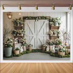 Lofaris Toile de fond de Pâques rustique avec porte de grange et lapins blancs, charmant décor printanier pour studio photo et célébration