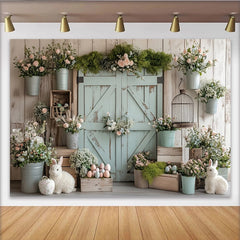 Lofaris Toile de fond de Pâques rustique avec lapins et œufs pastel, décor floral printanier pour studio photo et célébration
